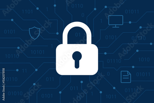 Cyber security concept with digital padlock icon. Network data protection, internet safety, and privacy. Technology background with binary code for authorized access and authentication.