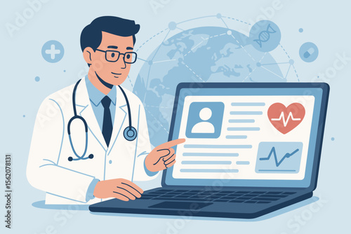 Doctor analyzing electronic medical record on a laptop. Telemedicine, online consultation, digital healthcare concept. EMR patient data, cardiology EKG. Global health network.