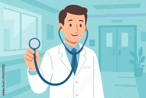 Friendly male doctor in a white coat holding a stethoscope, ready for a medical examination. Professional physician in a hospital hallway. Healthcare and medicine concept vector.