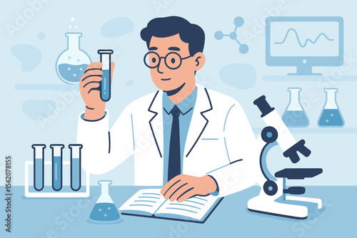 Scientist in medical laboratory doing research and development. Male doctor holding a test tube, conducting an experiment. Concept for science, biotechnology, and healthcare innovation.