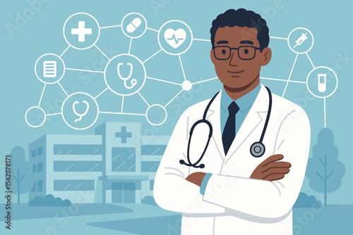Black male doctor with stethoscope and medical technology network of health icons on a hospital background. Healthcare professional for telemedicine and digital health. Flat vector.