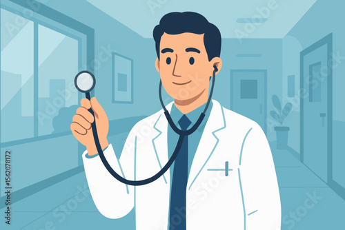 Male doctor in a white coat holding a stethoscope in a hospital corridor. Healthcare and medicine concept. Medical professional, physician at work. Modern flat vector cartoon illustration.