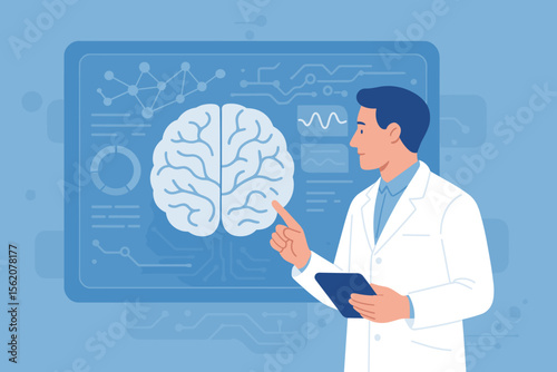 Doctor analyzing brain on futuristic digital interface. Scientist or neurologist studying neurology data and diagnostics. Innovative medical research and healthcare technology concept.