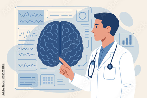 Neurologist doctor analyzing brain scan results on a futuristic digital interface. Medical technology, neuroscience research, and healthcare innovation concept. Flat vector illustration.