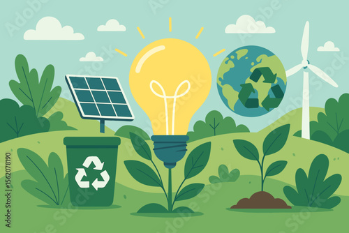 Environmental technology and sustainable development concept. Save the planet with green energy. Eco-friendly idea with a light bulb plant, solar panel, wind turbine, and recycling. Vector.