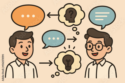 Effective communication process from misunderstanding to understanding. Active listening and empathy concept with two men in dialogue. Problem solving, feedback, and clarity vector.