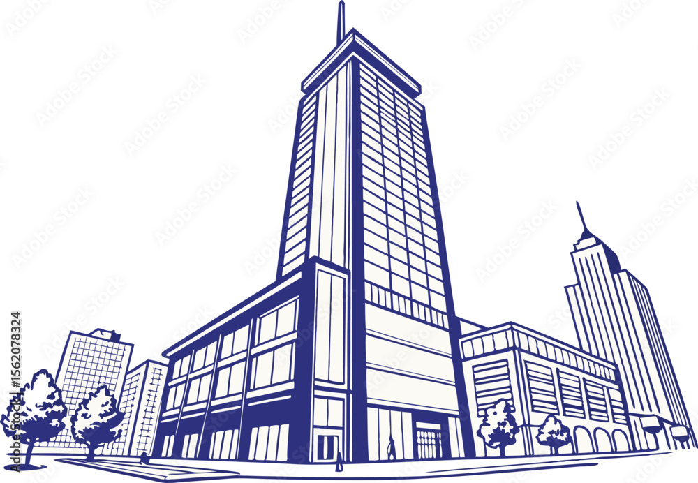 Obraz premium Modern Skyscraper Design Featuring Tall Buildings Windows and City Architecture. High Rise Skyscraper Illustration Collection for Urban Development and Planning. Flat Style Modern Skyscraper Concept