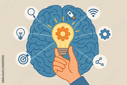 Creative idea and innovation concept. Hand holds light bulb with gear in front of brain. Business strategy, startup, technology icons network. Brainstorming and problem solving.