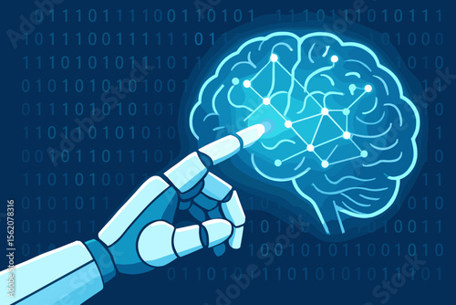 Robot hand touching a digital brain, activating a neural network. Artificial intelligence, machine learning, and deep learning concept. Futuristic technology and algorithm on binary data.