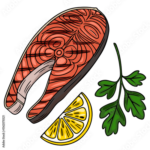 Grilled salmon steak vector illustration with lemon slice and parsley sprig, vibrant hand-drawn style for culinary design.