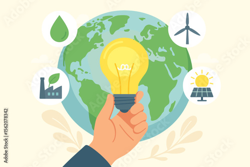 Ecology concept. Hand holds light bulb over Earth. Renewable energy sources like solar panel, wind turbine, hydro power, and eco factory. Global sustainability and conservation idea.