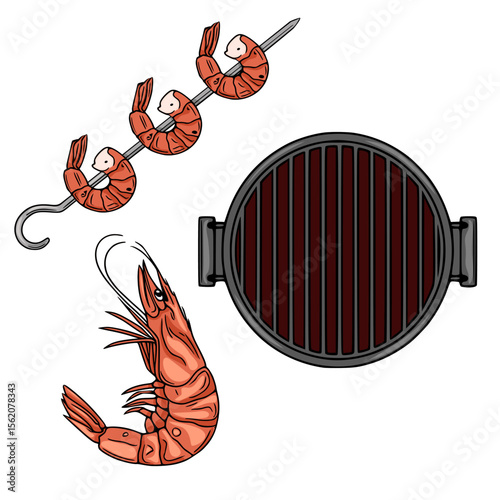 Delicious vector illustration of grilled shrimps on skewers and a round grill, showcasing vibrant orange hues and detailed hand-drawn style.