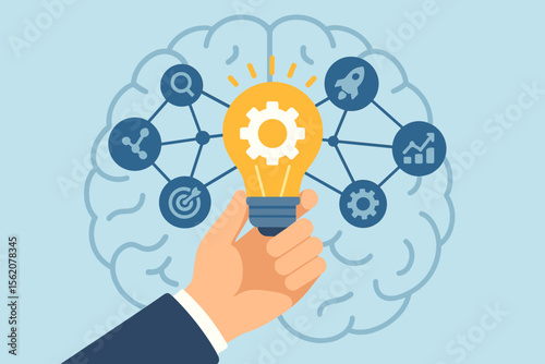 Businessman hand holding light bulb for a new idea. Brainstorming concept with brain and mind map icons for strategy, research, growth, startup. Innovation and solution vector.