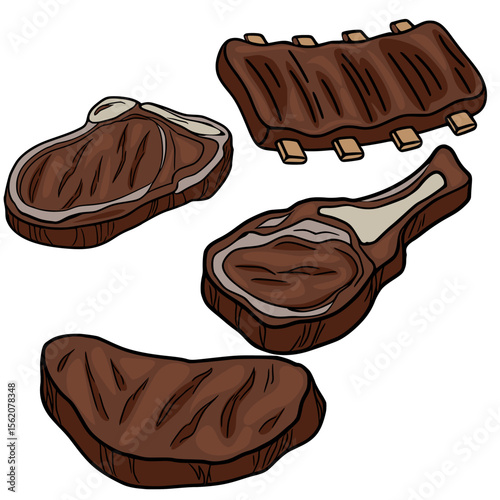 A vector illustration featuring four different cuts of grilled meat: a rib rack, a T-bone steak, a ribeye steak, and a sirloin steak, each rendered in a hand-drawn style with rich brown tones.