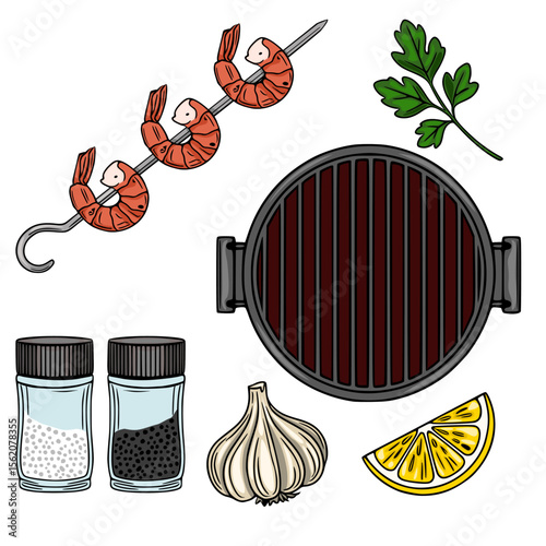 Delicious Grilled Shrimp Vector Illustration: A vibrant vector graphic depicting grilled shrimp skewers, a round grill, garlic, lemon wedge, parsley, and salt and pepper shakers, perfect for culina...