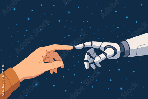 Robot and human hands touching in a modern Creation of Adam metaphor. Artificial intelligence and humanity connection concept. Technology, machine learning, big data, futuristic network.