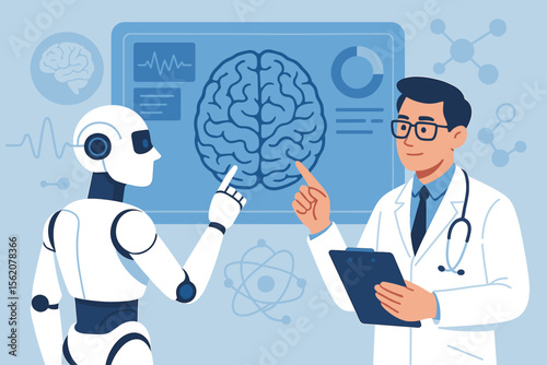 AI in healthcare concept with a doctor and robot analyzing a human brain scan. Futuristic medical technology for diagnosing neurological diseases like Alzheimer's or Parkinson's.