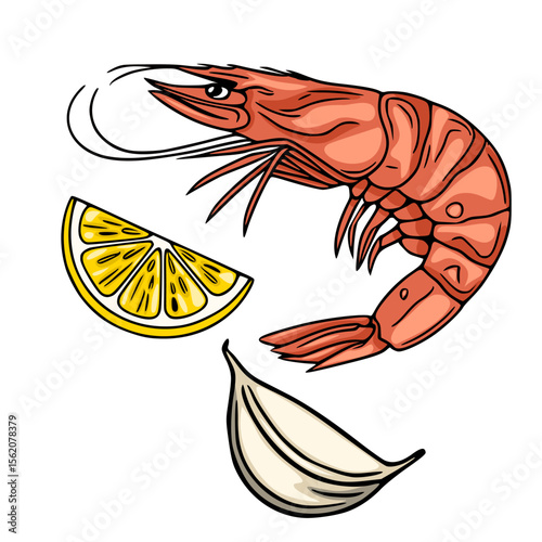 Vector illustration of a grilled shrimp with lemon and garlic, showcasing a vibrant, hand-drawn style perfect for food blogs, menus, or recipe websites.