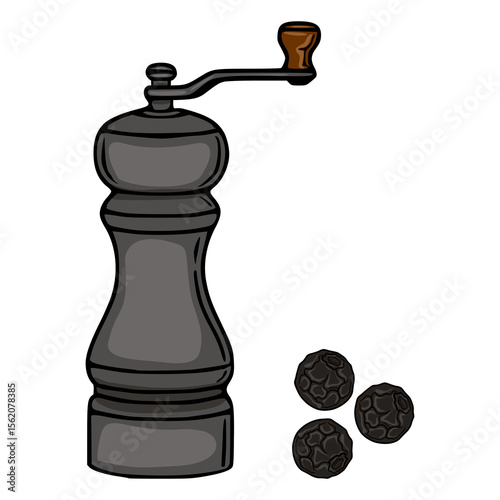 Vector illustration of a vintage pepper grinder with three peppercorns, showcasing a detailed hand-drawn style with dark gray and brown color palette, ideal for culinary designs.