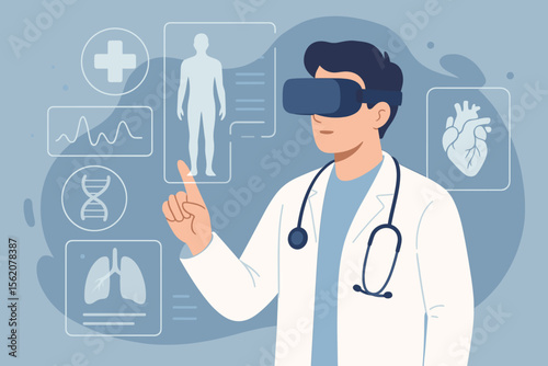 Medical technology and healthcare innovation concept. Doctor in VR headset analyzing patient diagnosis on a futuristic holographic interface. Virtual reality, AR, metaverse in medicine.