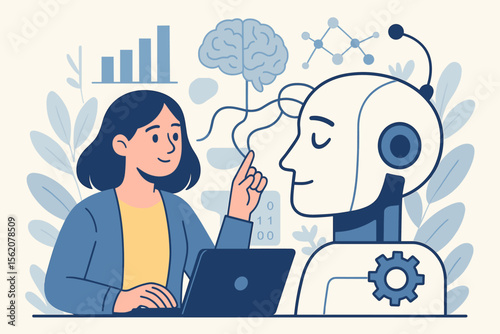 Artificial intelligence concept with a female developer programming a robot. Woman engineer teaching AI, representing machine learning, deep learning, data science, and neural networks.