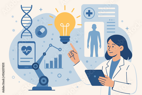 Medical innovation and healthcare technology concept. Doctor or scientist with tablet analyzing patient data. Digital health, DNA research, AI in medicine, and new ideas for diagnostics.