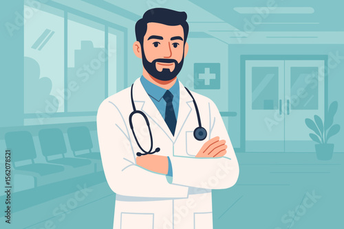 Male doctor character. Professional physician in a white coat. Confident man with a stethoscope in a hospital clinic background. Healthcare and medicine concept. Flat vector illustration.