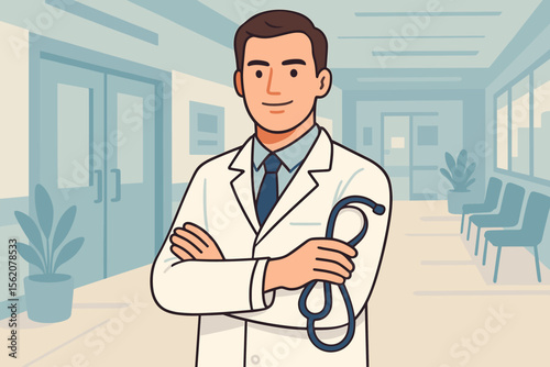 Male doctor character in white coat holding a stethoscope in a hospital hall. Confident physician providing medical care. Healthcare professional concept. Modern flat vector illustration.
