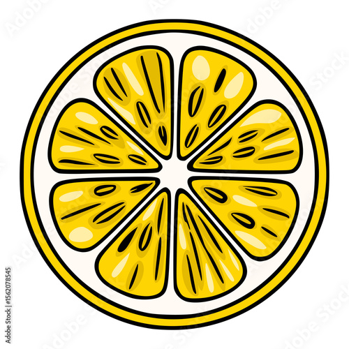 Vibrant vector illustration of a stylized lemon slice, showcasing a bold yellow color palette and hand-drawn detailing, perfect for summer-themed designs.