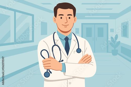 Male medicine doctor character with stethoscope in a hospital background. Confident general practitioner or physician. Healthcare, medical service concept. Modern flat vector cartoon illustration.
