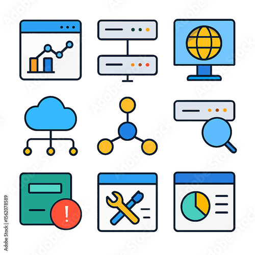Set of colorful technology icons representing data analysis and network concepts
