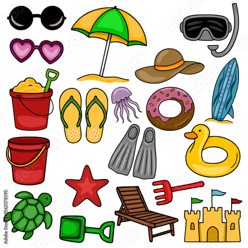 Vibrant vector illustration of a playful summer beach collection, featuring sunglasses, beach umbrella, diving mask, surfboard, beach toys, flip-flops, jellyfish, donut, inflatable ring, turtle, an...