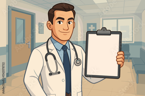 Cartoon doctor in white coat with stethoscope holding blank clipboard in modern hospital interior. Medical professional, healthcare worker, clinic consultation concept. Vector illustration.