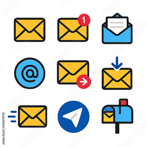 Set of email message icons depicting communication and correspondence concepts