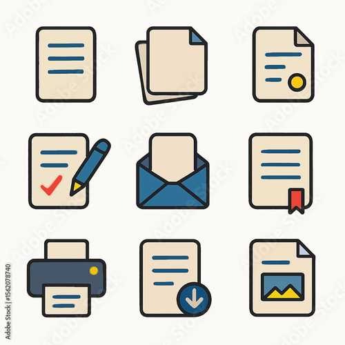 Set of document and file icons featuring paper, envelope, printer, and download
