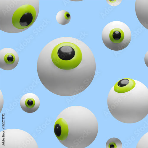 Seamless 3D pattern featuring floating cartoon eyeballs with green irises. Halloween decorations, wrapping paper, textiles, wallpapers. The glossy spherical eyes give a fun, slightly spooky vibe