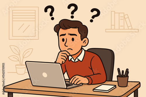 Confused man thinking at desk with laptop, question marks above head, decision making, workplace stress, problem solving, office worker, cartoon vector illustration, business concept