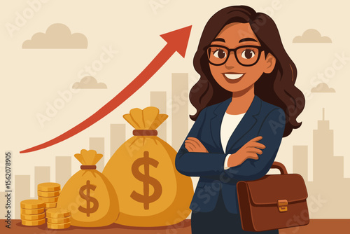 Confident Businesswoman with Briefcase Standing in Front of Money Bags and Upward Arrow, Financial Growth, Female Entrepreneur Success, Investment, Wealth, Economic Expansion, Urban Skyline
