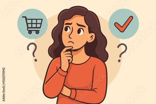 Thoughtful woman making decision between shopping and approval. Confused female character choosing options. Dilemma, choice, decision-making, question, uncertainty. Vector illustration concept