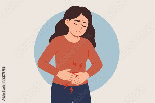 Woman suffering abdominal pain holding stomach. Menstrual cramps, period pain, indigestion, gastric ulcer, appendicitis, gastrointestinal disease. Healthcare, illness, medical concept illustration