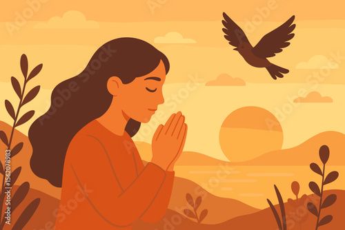 Woman Praying Hands Hopeful Sunset Nature Scene, Bird Flying Freedom Spiritual Faith Concept, Peaceful Landscape, Mindfulness, Tranquility, Modern Flat Vector Illustration, Inspirational Art