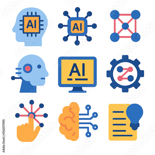Set of vibrant AI icons representing artificial intelligence and related technologies