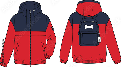 Front and back view technical flat sketch of color block hoodie with zipper, backpack design, fashion cad, vector illustration
