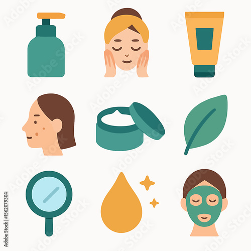 Skin care routine essentials illustrated with bottle, face mask and cream icons