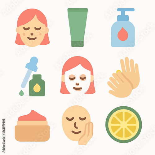 Skincare essentials and beauty routine elements in a flat vector art style illustration