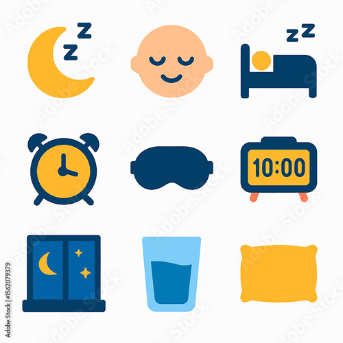 Sleep and bedtime vector icons set featuring moon, sleeping face, bed and alarm clock