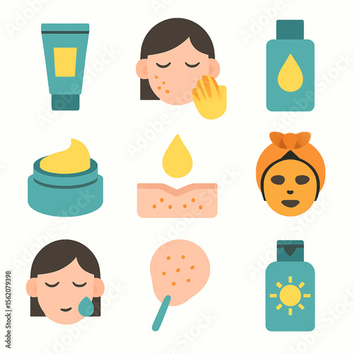 Skincare routine elements featuring cream, lotion, face mask, and skin treatment icons