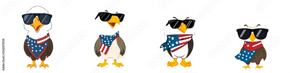 Fototapeta premium Cute Bald Eagle and Penguin Characters Wearing American Flag Scarves and Sunglasses Vector Illustration Set Patriotic USA Animal Mascots
