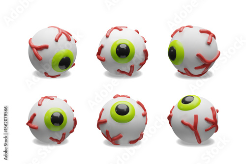 A 3D illustration of six stylized eyeballs featuring vibrant green irises and exaggerated red veins. This set ideal for Halloween themes, horror visuals, medical concepts, and character animations.