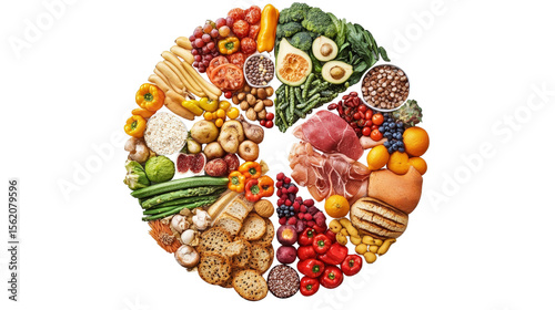 Circular diagram of five food groups with colorful images Transparent background, PNG